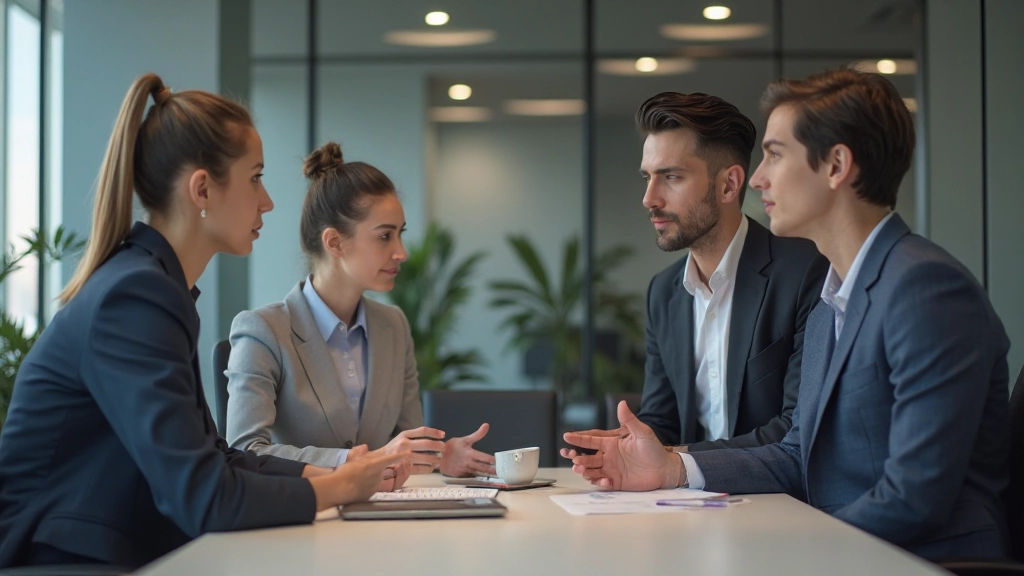 Деловая встреча с двумя профессионалами, обсуждающими условия контракта